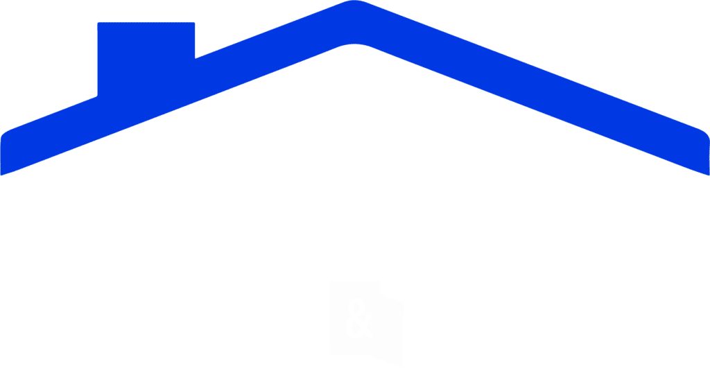 Welcome Home Properties logo: A blue outline of just the top slant of a roof with a chimney and white words underneath saying "Welcome Home Properties & Associates."