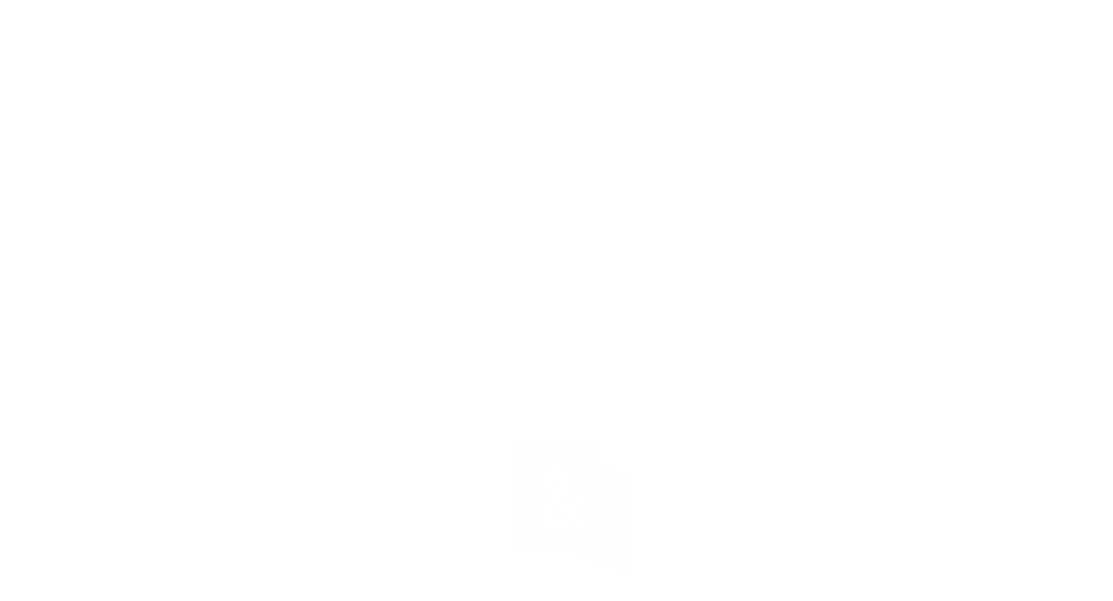 A white Welcome Home Properties logo: An outline of just the top slant of a roof with a chimney and words underneath saying "Welcome Home Properties & Associates."